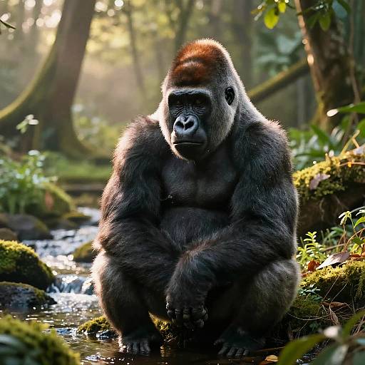 Photograph of a large, muscular silverback gorilla crouching by a forest stream, surrounded by lush greenery and sunlight filtering through trees.
