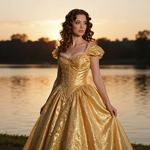 Photograph of a woman with curly brown hair in a golden, ornate ball gown standing by a sunset-lit lake.