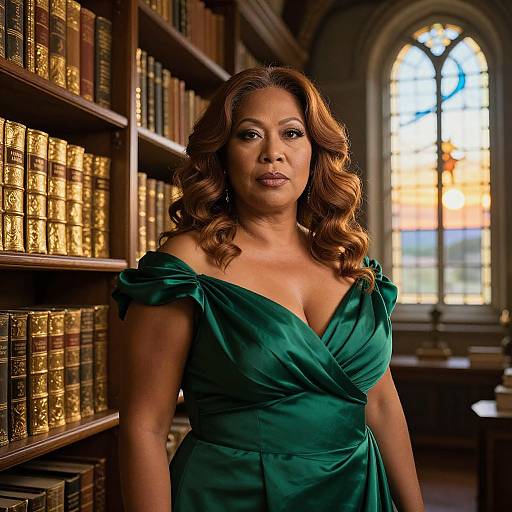 Photograph of a curvy, brown-skinned woman with wavy brown hair in a green off-shoulder dress, standing in a dimly
