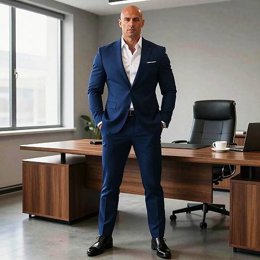 Photograph of a bald, muscular man in a navy blue suit, white shirt, standing confidently in a modern office with a wooden desk, black chair