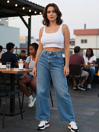 Photograph of a confident woman with medium skin tone, black wavy hair, wearing a white tank top and high-waisted blue jeans, standing