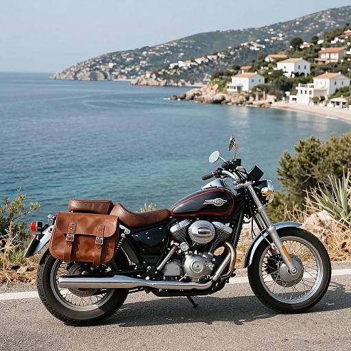 Photograph of a classic red and black motorcycle with brown leather saddlebags, parked on a coastal road, overlooking a blue sea and white-washed hill