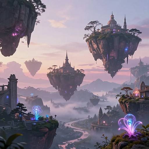 Fantasy digital artwork of floating islands with ornate buildings, glowing blue and purple lights, misty valleys, and a winding river at sunset.