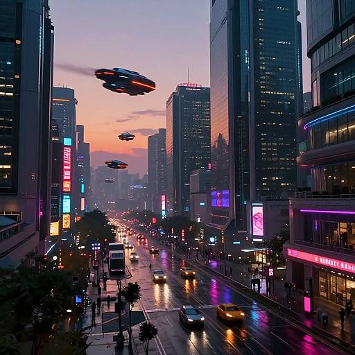 Neon-lit futuristic cityscape at dusk with flying cars, tall skyscrapers, vibrant street lights, and busy street below. Digital art style