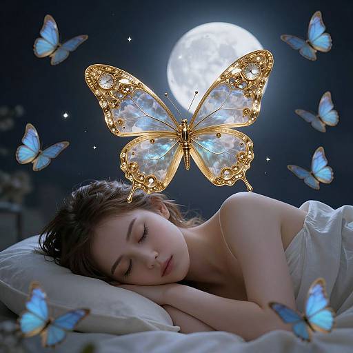 Photograph-like digital art of a sleeping woman with fair skin, brown hair, and white pillow, surrounded by glowing blue and gold butterflies, under a