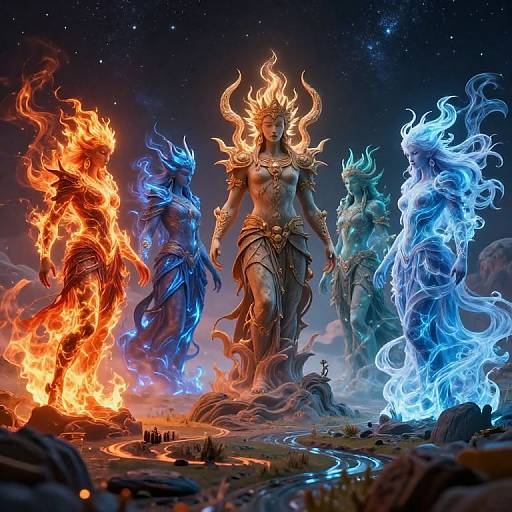 Elemental Deities in Mystical Landscape