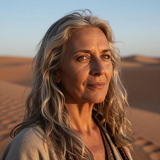Photograph of a middle-aged woman with long, wavy gray hair, smiling in a sunlit desert with golden sand dunes in the background,
