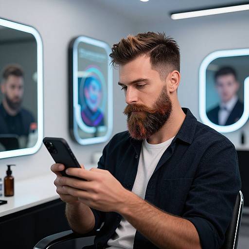 Photograph of bearded, dark-haired man with styled hair, wearing black shirt over white tee, focused on smartphone in modern, brightly lit barbers