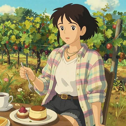 Studio Ghibli Style Woman Enjoying Brunch in Vineyard