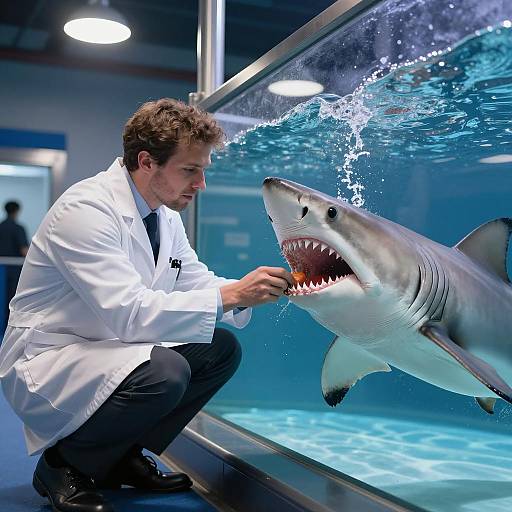 Scientist Feeding Shark in Aquatic Tank