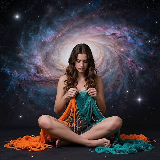 Photograph of a brunette woman with wavy hair, sitting cross-legged, holding colorful yarns (orange, teal) against a swirling galaxy backdrop.