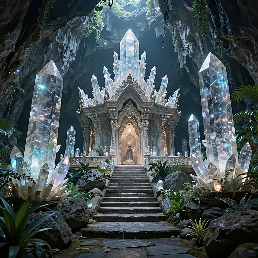 Photorealistic digital art of a glowing, crystal-encrusted, Gothic archway temple with illuminated crystals, steps, lush greenery, and