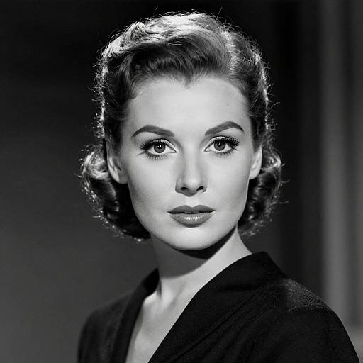 Black-and-white photograph of a 1940s-style woman with short, wavy hair, intense gaze, and subtle smile, wearing a dark,