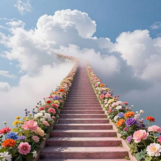 Photograph of a sunlit, stone staircase lined with vibrant, multicolored flowers, ascending into a bright blue sky with fluffy white clouds.
