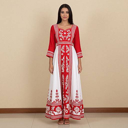 Photograph of a young woman with long black hair wearing a red and white traditional long dress with intricate floral embroidery, standing against a plain beige wall.