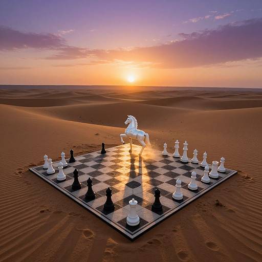 Photograph of a chessboard with white and black pieces, topped by a white horse knight, set in a desert at sunset.
