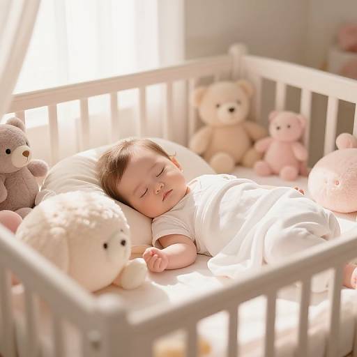 Photograph of a sleeping baby in a white crib, surrounded by plush teddy bears and a white pillow, bathed in soft sunlight.