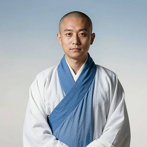 Photograph of a young Asian man with a shaved head, wearing a white robe and blue sash, standing against a gradient blue background, looking directly