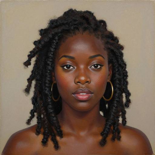Photorealistic portrait of a beautiful dark-skinned Black woman with dreadlocks, wearing gold hoop earrings, gazing softly with pink lips.