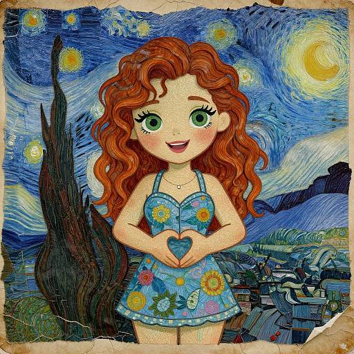 Digital illustration of a cute, curly red-haired girl in a blue floral dress, making a heart shape with her hands, set against Vincent van Gogh