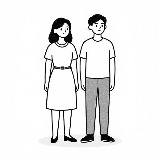 Black and white digital drawing of a couple; woman in short-sleeve dress and belt, man in t-shirt and pants. Standing side by side