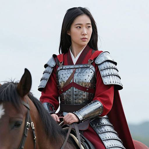Photograph of an Asian woman with long black hair, wearing medieval-style silver armor and red robe, riding a brown horse.