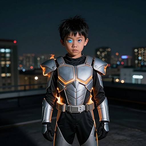 Photograph of an Asian boy with spiky black hair, glowing blue eye, wearing futuristic silver armor with orange accents, standing on a rooftop at night