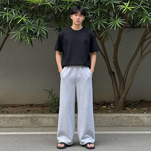 Photograph of an Asian man with short black hair, wearing a loose black T-shirt, gray baggy pants, and black sandals, standing in front