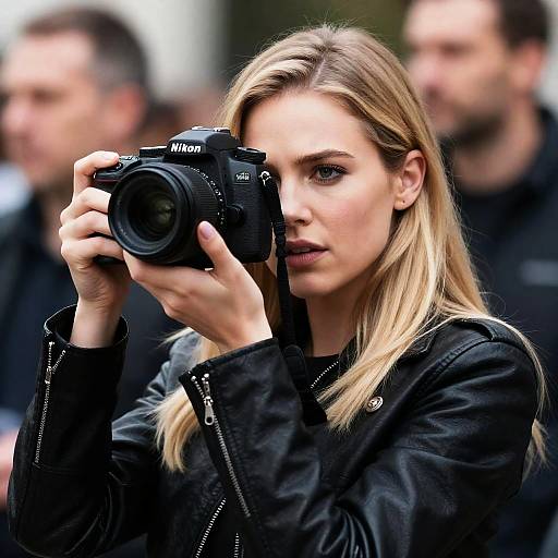 Focused Blonde Photographer with DSLR