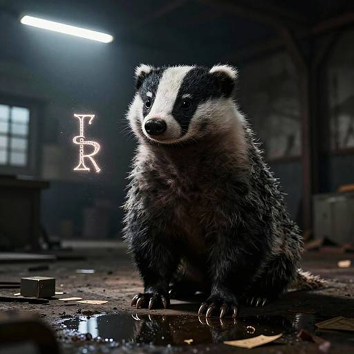 Photograph of a realistic, detailed badger with black-and-white fur, sitting in a dimly lit, industrial warehouse. Neon 