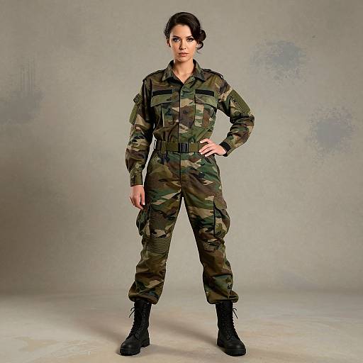 Photograph of a confident woman in camouflage military jumpsuit, black boots, standing against a textured gray studio background.