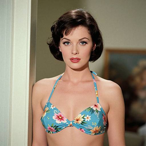 Photograph of a fair-skinned woman with short black hair, wearing a blue floral bikini top, standing indoors with a blurred background.