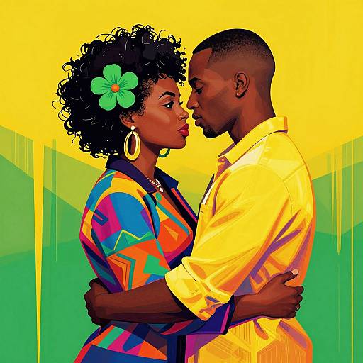 Digital illustration of an African couple gazing into each other's eyes, wearing vibrant, patterned shirts, with a yellow-green gradient background. She has