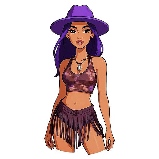 Digital illustration of a confident, tan-skinned woman with long purple hair, wearing a purple hat, camouflage crop top, and fringed black skirt.