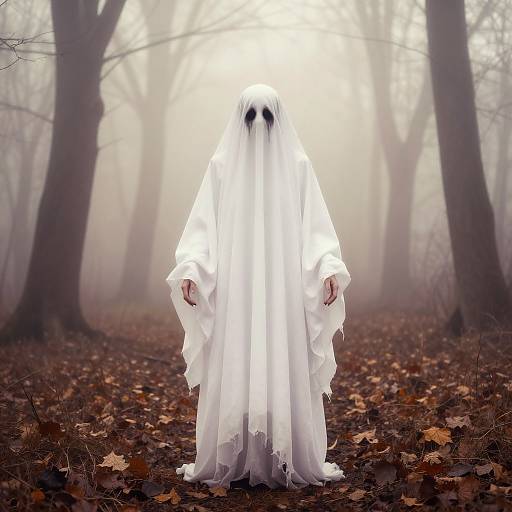 Photograph of a ghostly figure in a tattered white sheet, with black eyes, standing in a foggy, leaf-covered forest.