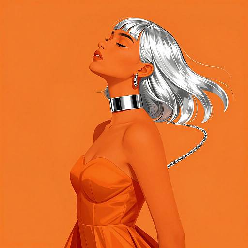 Digital illustration of a silver-haired woman with closed eyes, wearing a strapless orange dress, silver collar, and earrings, against an orange background. Her