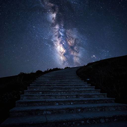Photograph of a starry night sky with the Milky Way galaxy over a dark, silhouetted stone staircase leading uphill.