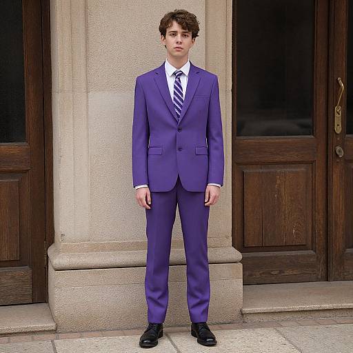 Photograph of a young man with curly brown hair, wearing a purple suit, white shirt, striped tie, and black shoes, standing in front of