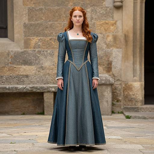 Photograph of a red-haired woman in a blue, medieval-style dress with puffed sleeves, standing in front of a stone building.