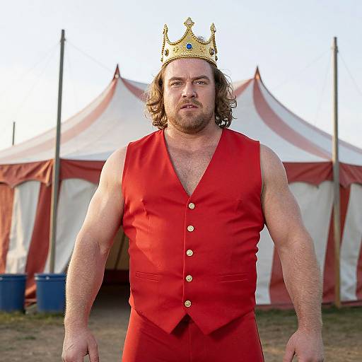 Photograph of a bearded man with shoulder-length hair wearing a gold crown and red sleeveless vest, standing in front of striped circus tents.