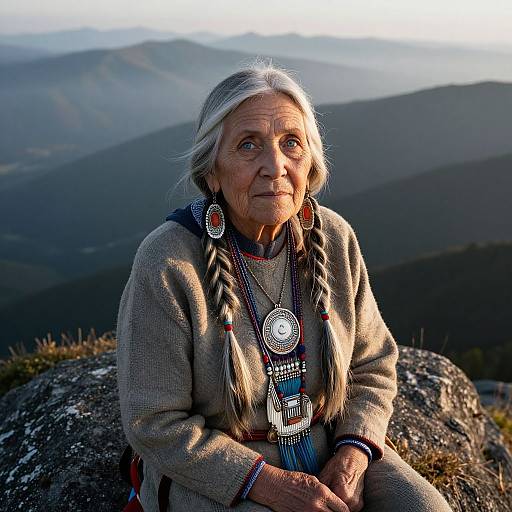 Photograph of an elderly Native American woman with long gray hair, wearing traditional beaded jewelry and a beige woolen dress, sitting on a rocky mountain