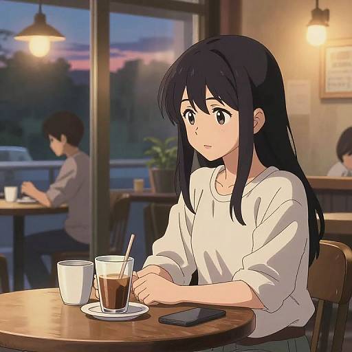 Anime-style digital drawing of a shy girl with long black hair in a white sweater, sipping iced coffee at a sunset-lit café. Background