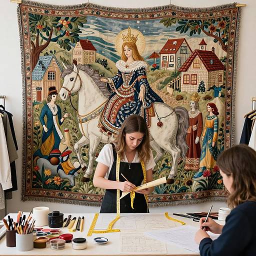Photograph of two women sewing in front of an intricately detailed, colorful tapestry depicting a regal woman on a white horse amidst a village scene