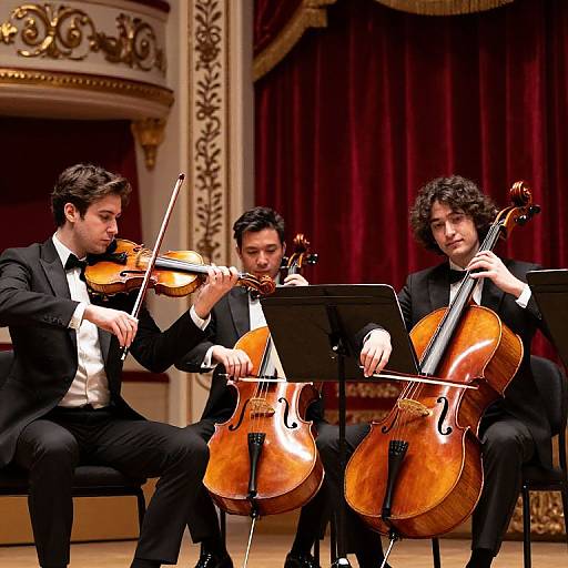 Photograph of three male string quartet musicians in black tuxedos, playing violins and cellos on an ornate stage with red curtains