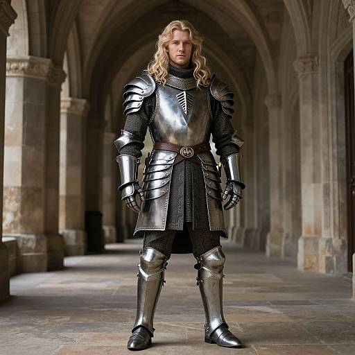Photograph of a blonde, long-haired man in medieval silver armor standing in a stone, arched hallway, with a serious expression.
