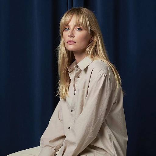 Blonde Woman Portrait with Blue Curtain