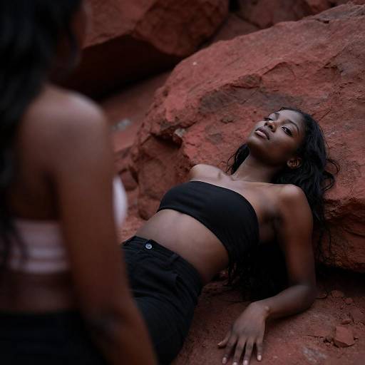 Red-Lit Woman in Rocky Landscape