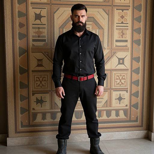Photograph of a bearded man with a muscular build, black button-up shirt, black pants, red belt, and black boots, standing in front
