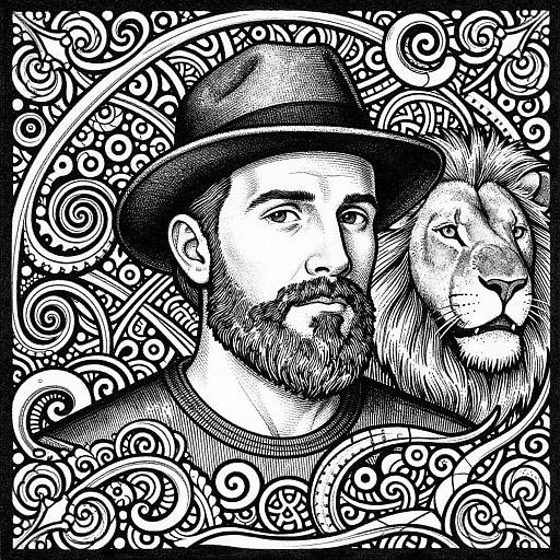 Black-and-white ink drawing of a bearded man in a hat, surrounded by intricate, swirling patterns. A second, less distinct face is partially visible