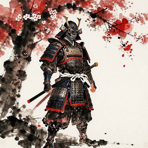 Digital art of a fierce samurai with black armor, red accents, and a menacing helmet, standing amid splattered red and black ink.